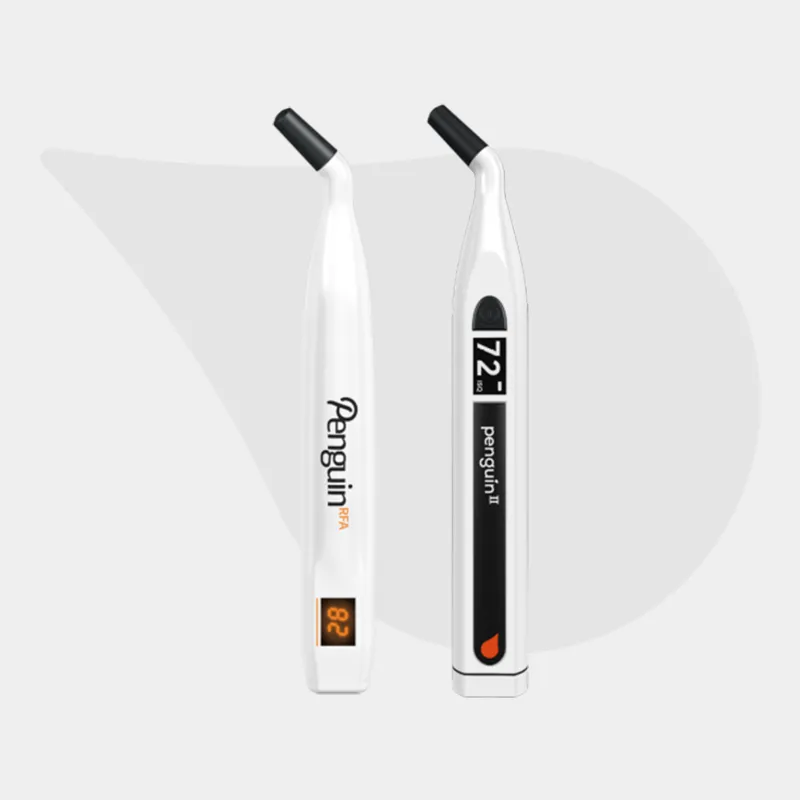 The penguin I and the Penguin II next to each other. Both in front of the Penguin Beak Logo in gray